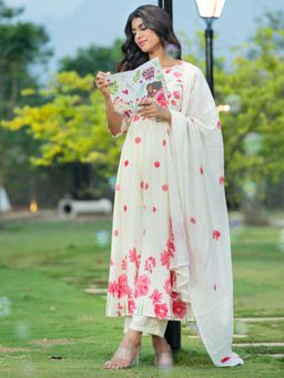 Indo Era - Off White Printed A-Line Kurta with Pant & Dupatta