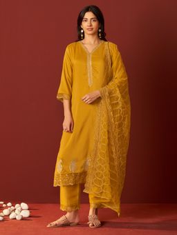 Indo Era - Mustard Embroidered Straight Kurta with Pant & Dupatta