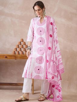 Indo Era - White Printed Straight Kurta with Pant & Dupatta