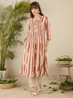 Indo Era - Brown Printed A-Line Kurta with Pant