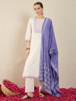 Indo Era - White Embroidered Straight Kurta with Pant & Dupatta