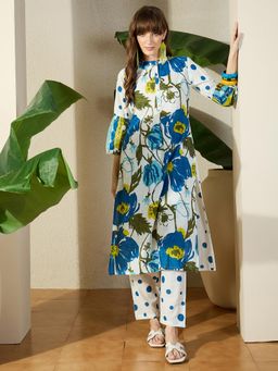 Indo Era - White Printed Straight Kurta with Pant