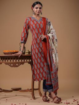 Indo Era - Rust Printed Straight Kurta with Pant & Dupatta