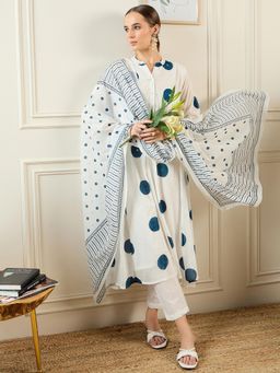 Indo Era - Off White Printed A-Line Kurta with Pant & Dupatta