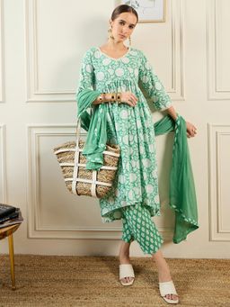 Indo Era - Green Printed Straight Kurta with Pant & Dupatta