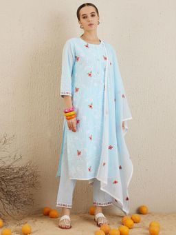 Indo Era - Blue Embroidered Straight Kurta with Pant & Dupatta