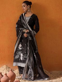 Indo Era - Black Woven Design Straight Kurta with Pant & Dupatta