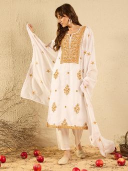 Indo Era - White Embroidered Straight Kurta with Pant & Dupatta