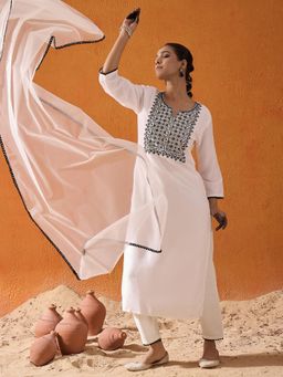 Indo Era - White Embroidered Straight Kurta with Pant & Dupatta