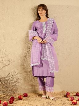 Indo Era - Lavender Embroidered Straight Kurta with Pant & Dupatta