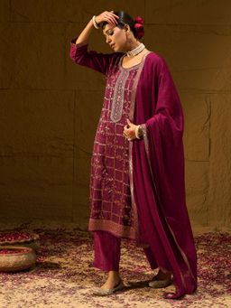 Indo Era - Wine Embroidered Straight Kurta with Pant & Dupatta