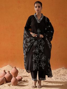 Indo Era - Black Embroidered A-Line Kurta with Pant & Dupatta