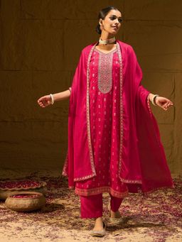 Indo Era - Pink Embroidered Straight Kurta with Pant & Dupatta