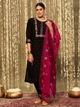 Indo Era - Black Embroidered Straight Kurta with Pant & Dupatta