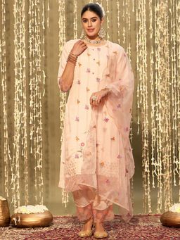 Indo Era - Peach Embroidered Straight Kurta with Pant & Dupatta