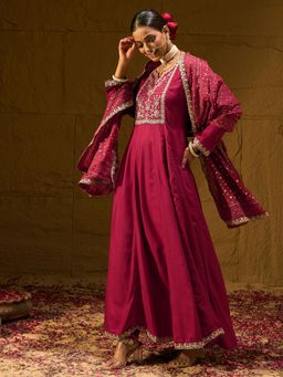 Indo Era - Maroon Embroidered Flared Anarkali Kurta with Pant & Dupatta
