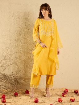 Indo Era - Yellow Embroidered Straight Kurta with Pant & Dupatta