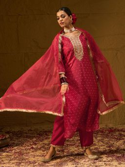 Indo Era - Red Embroidered Straight Kurta with Pant & Dupatta
