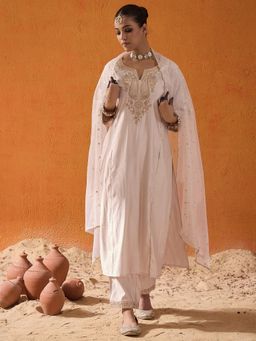 Indo Era - Off White Embroidered Straight Kurta with Pant & Dupatta