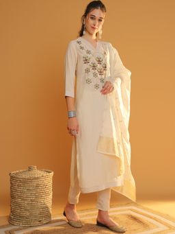 TULSATTVA - Cream Embroidered Kurta with Pant & Dupatta