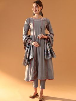 TULSATTVA - Grey Anarkali Kurta with Pant & Dupatta
