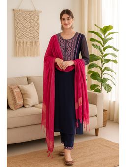 TULSATTVA - Navy Blue Embroidered Kurta with Pant & Dupatta