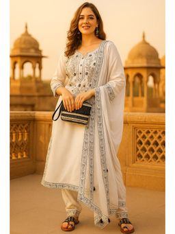 TULSATTVA - Womens White Printed Kurta with Pant & Dupatta