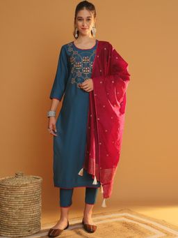 TULSATTVA - Teal Embroidered Kurta with Pant & Dupatta