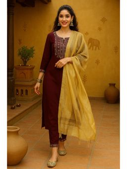 TULSATTVA - Wine Gold Silver Embroidery Kurta with Pant & Dupatta