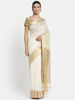 Fabindia - Off White Cotton Silk Maheshwari Woven Saree without Blouse