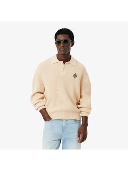 Lacoste - Badge Accent Pearl Rib Polo Collar Sweater - Beige