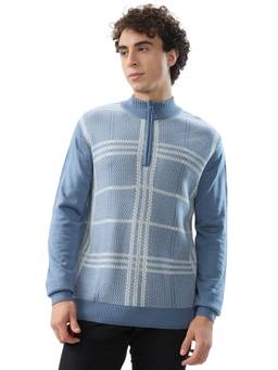 Raymond - Regular Fit Checkered Medium Blue Sweater