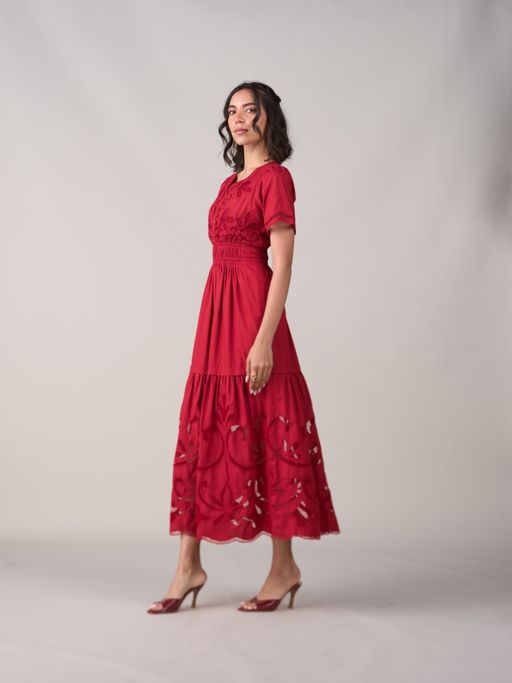 open lace back dress Red Monstera Leaf Ruffle Hawaiian Dress | 3/4 Sleeve Evening Island Style from Princess Kaiulani Fashions