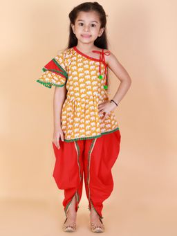 KID1 - Mira Frilly Sleeves Peplum Top With Dhoti-yellow/red (Set of 2)
