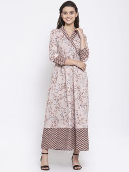 Indibelle - Cotton Brown Floral Print A-line Dress