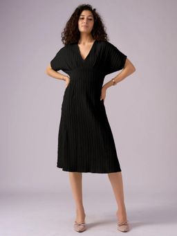 Twenty Dresses by Nykaa Fashion - Womens Black Textured Polyester A-Line Midi Dress