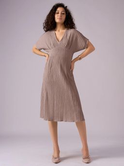 Twenty Dresses by Nykaa Fashion - Womens Brown Textured Polyester A-Line Midi Dress