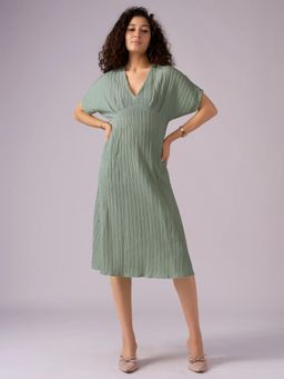 Twenty Dresses by Nykaa Fashion - Womens Green Textured Polyester A-Line Midi Dress