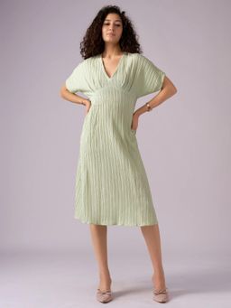 Twenty Dresses by Nykaa Fashion - Womens Light Pista Textured Polyester A-Line Midi Dress
