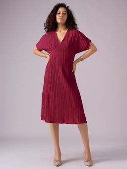 Twenty Dresses by Nykaa Fashion - Womens Maroon Textured Polyester A-Line Midi Dress