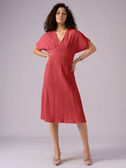 Twenty Dresses by Nykaa Fashion - Womens Red Textured Polyester A-Line Midi Dress