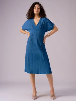 Twenty Dresses by Nykaa Fashion - Womens Teal Textured Polyester A-Line Midi Dress