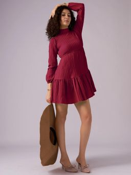 Twenty Dresses by Nykaa Fashion - Womens Maroon Textured Polyester A-Line Mini Dress