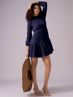 Twenty Dresses by Nykaa Fashion - Womens Navy Blue Textured Polyester A-Line Mini Dress