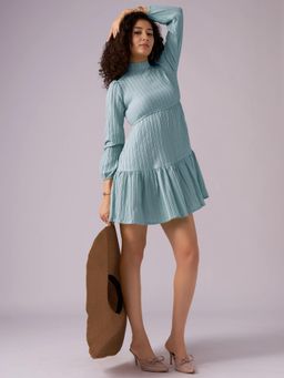 Twenty Dresses by Nykaa Fashion - Womens Turquoise Textured Polyester A-Line Mini Dress