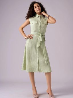 Twenty Dresses by Nykaa Fashion - Womens Light Pista Textured Polyester A-Line Belted Midi Dress