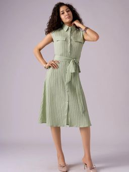 Twenty Dresses by Nykaa Fashion - Womens Pista Textured Polyester A-Line Belted Midi Dress