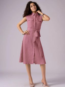 Twenty Dresses by Nykaa Fashion - Womens Mauve Textured Polyester A-Line Belted Midi Dress