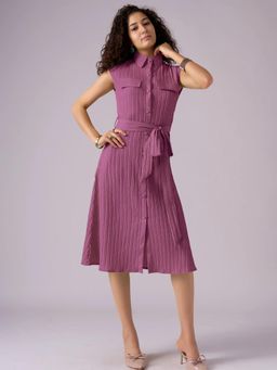 Twenty Dresses by Nykaa Fashion - Womens Purple Textured Polyester A-Line Belted Midi Dress
