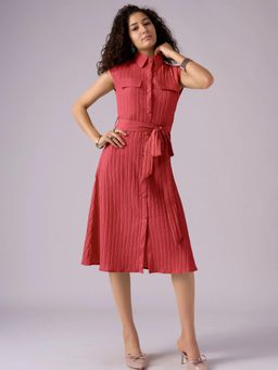 Twenty Dresses by Nykaa Fashion - Womens Red Textured Polyester A-Line Belted Midi Dress